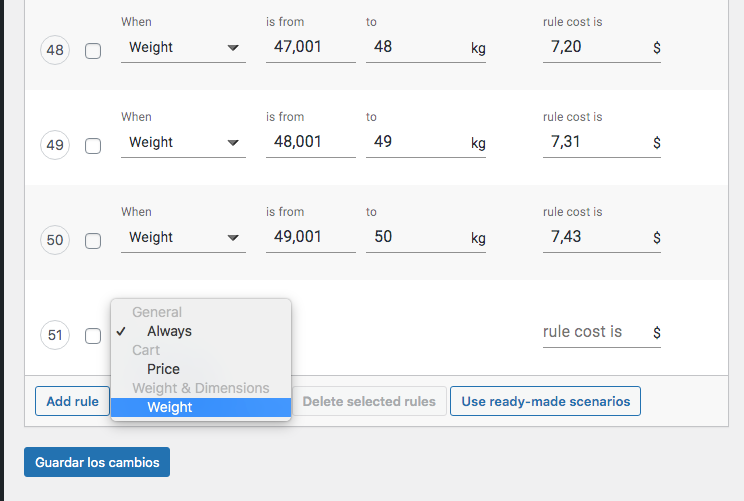 configuración plugin envío por peso woocommerceón plugin envío por peso woocommerce