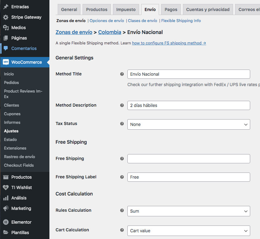 configuración plugin envío por peso woocommerceón plugin envío por peso woocommerce