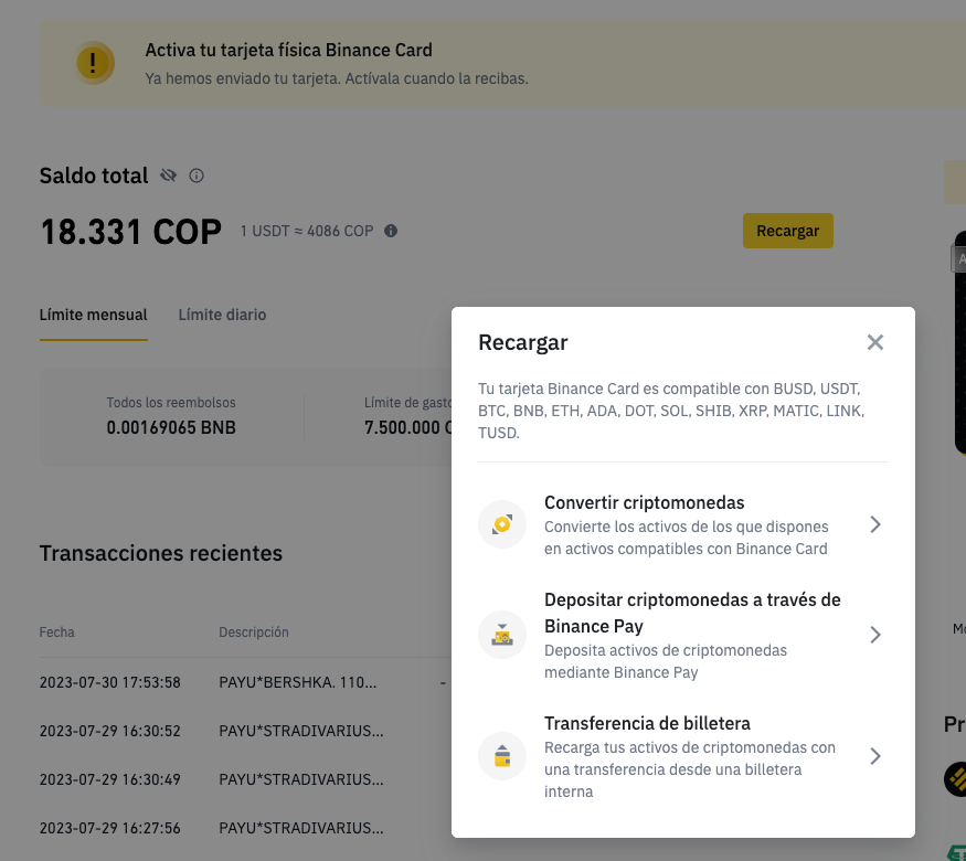 recargar tarjeta binance colombia